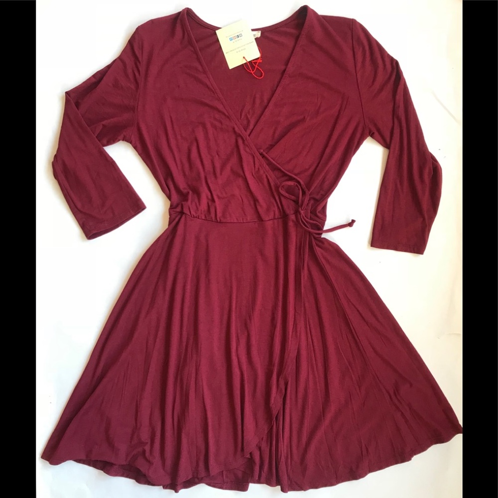 Burgundy Faux Wrap Fit & Flare Dress